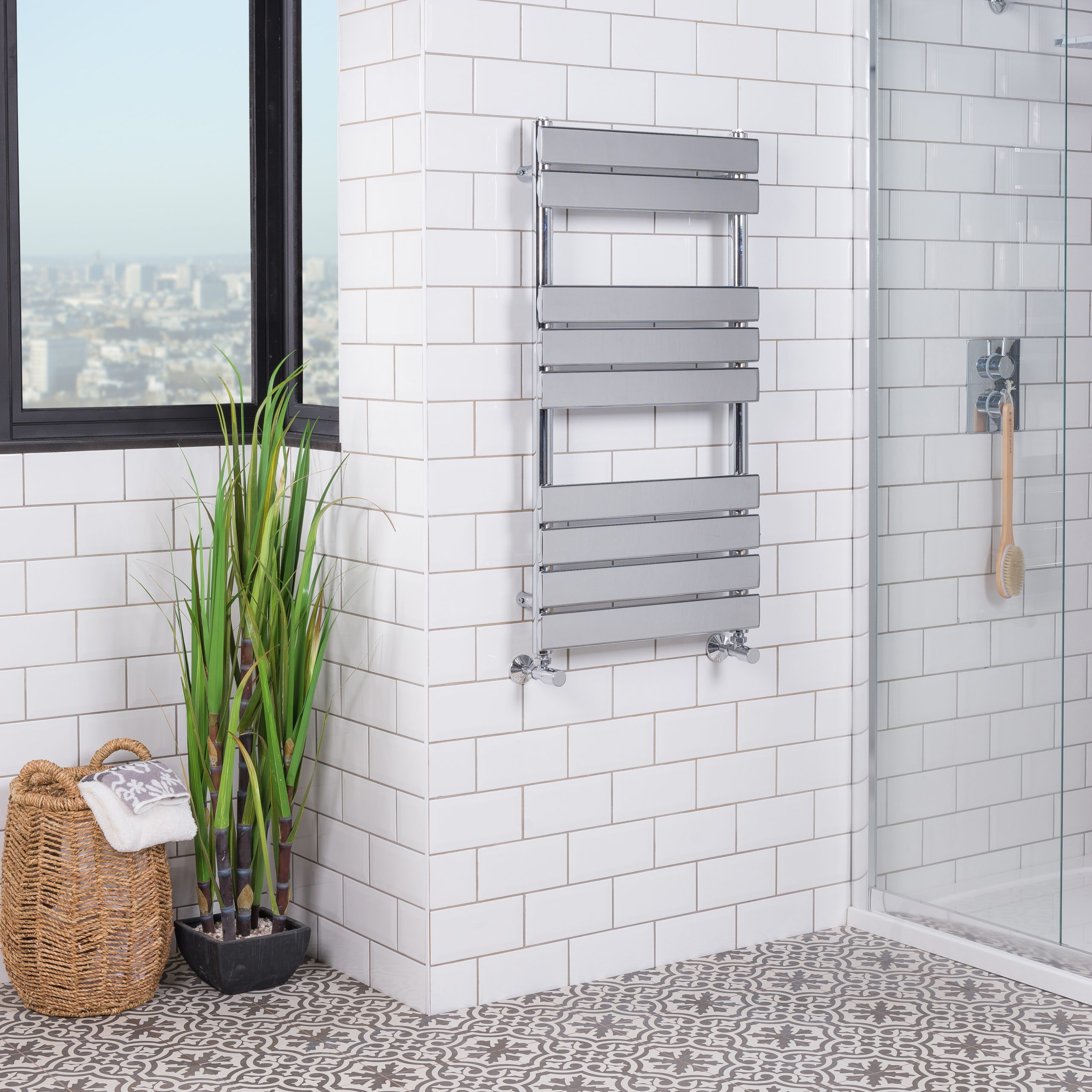 metallic heated towel rack modern renovated bathroom scaled