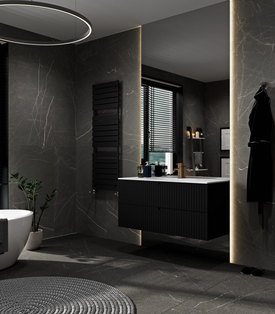modern gray bathroom interior with black furniture bathtub sink with mirror 3d rendering scaled